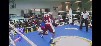 over hand right sits him DOWN!