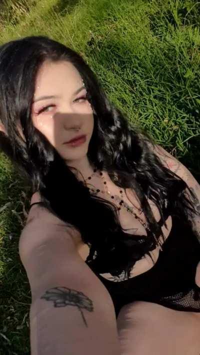 Rubbing my pussy on the trail behind some houses!