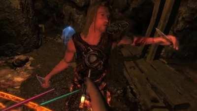 Playing Skyrim VR wirelessly with Oculus Quest 2. This is the best VR experience I've ever had! The freedom is amazing!