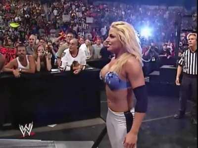 Trish Stratus in a blue bra and thong