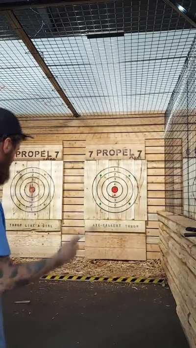 Goofing around at the throwing range and pinned two cans in a row with a throwing spike.
