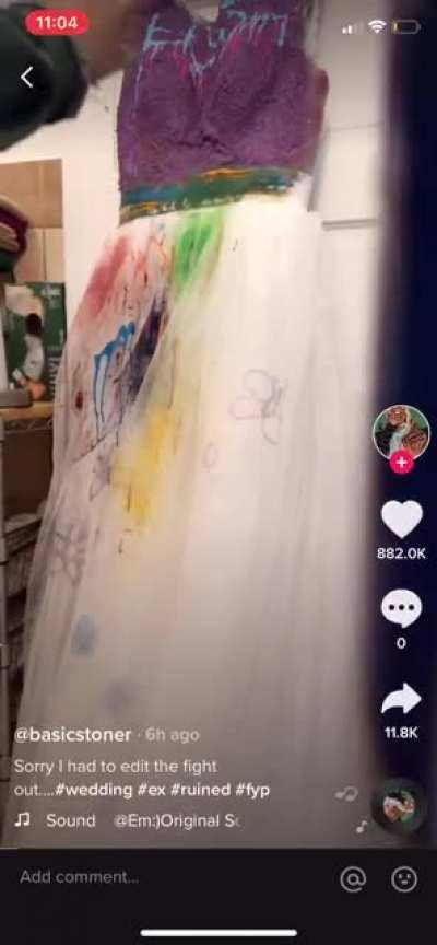 Crazy bitch ruins friends wedding dress because friend married her ex