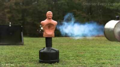 A baseball going 463 m/s just goes straight through a torso mockup like a bullet