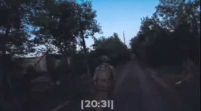 Ukrainian soldier randomly shoots twice at a Russian drone (likely a Molniya) and luckily downs it. Date and location unknown.