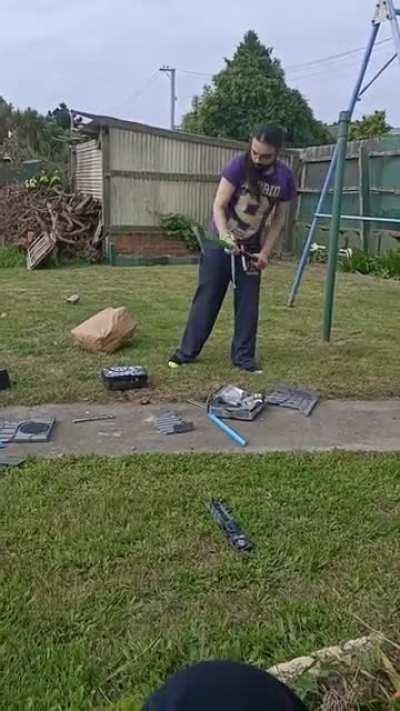 My 27 year old brother destroys his own stuff after being kicked out of the house for being aggressive and a dick. He reacted by screaming, throwing our stuff around, cursing at us, and eventually the police arrived, this was recorded early. (btw it's my 