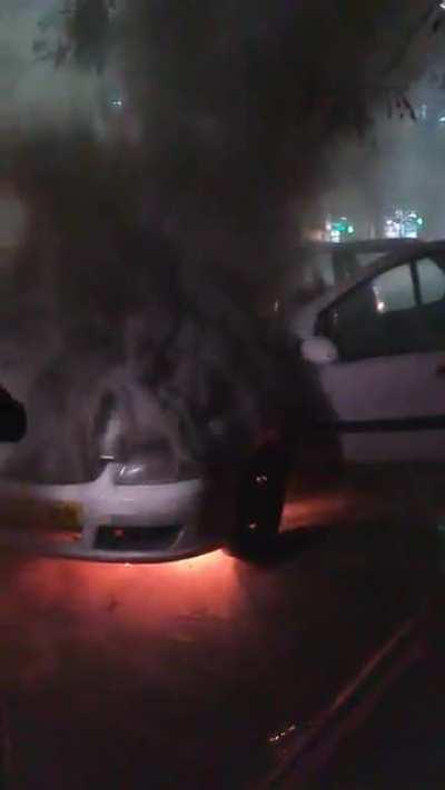 This happened to the cab in front of us near the TV9 office last night. Our cabbie saw, we stopped. Fortunately nobody was injured.