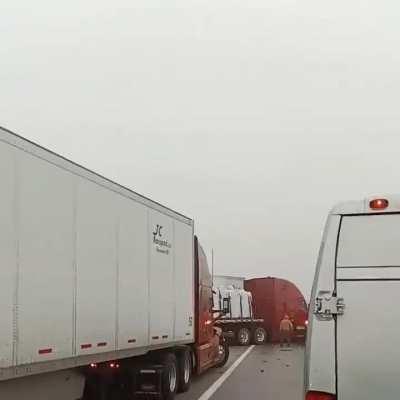 12+ vehicle pileup on the Interstate I-10 about 40 miles east of Van Horn, Texas due to icy conditions on roads, causing multiple people to be injured