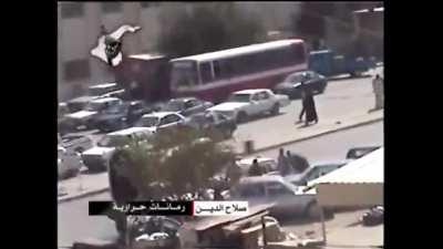 A montage of RKG-3 hits: Posing as civilians, IAI fighters carrying RKG-3 anti-tank grenades w/ impact fuses hurl them at extremely close range toward passing US vehicles in urban areas across Iraq (2005-2009)