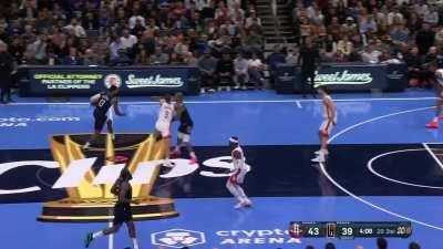 [Highlight] Aaron Holiday hits a corner 3, gets the steal on a Paul George pass, then blows by James Harden for the layup. Clippers forced to take another timeout.