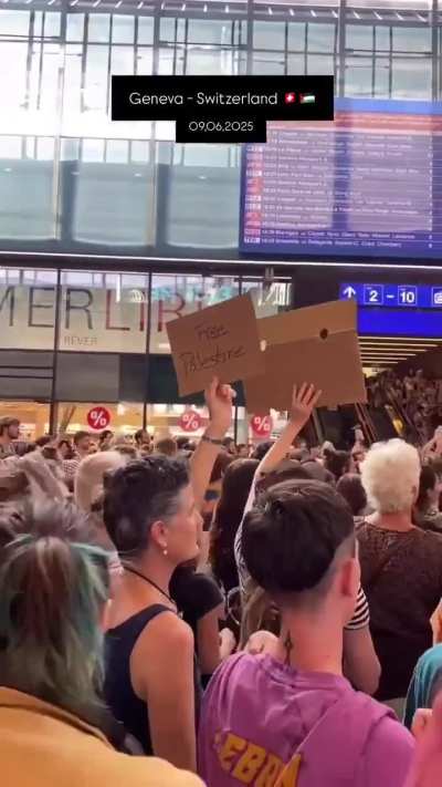 Protesters in Switzerland block the main train station in Geneva demanding an end to the genocide in Gaza and in support of the activists who were illegally detained by Israel from the Madleen humanitarian ship.