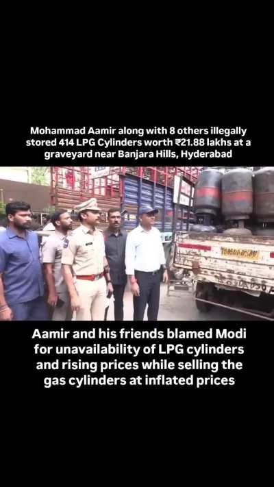 Mohammad Aamir along with 8 others illegally stored 414 LPG cylinders worth 21.88 lakhs at a graveyard near Banjara Hills, Hyderabad,now arrested by police.
