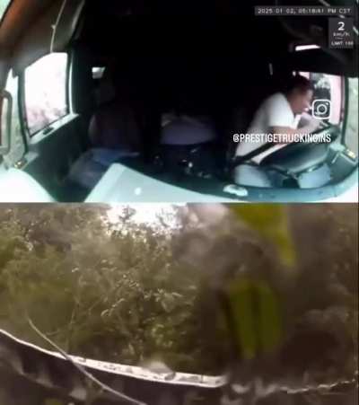Truck tries overtaking on a wet road, results in a head on collision.