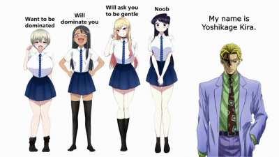 My name is Yoshikage Kira. I'm 33 years old. My house is in the northeast section of Morioh, where all the villas are, and I am not married. I work as an employee for the Kame Yu department stores, and I get home every day by 8 PM at the latest. I don't s