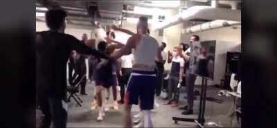 After the Suns win celebrating like they just won a title. Love these Suns. They all seem like great friends. Winning without two starters. Hustling every play.