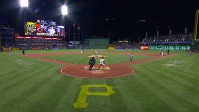 [Highlight] [Highlight] Ke'Bryan Hayes goes all the way across the field to get a slow roller to Connor Joe for the first out in the top of the 9th