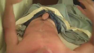 Dude shoots cum all over his chest. His roommate walks in and sees it