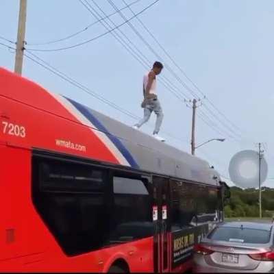 Moron jumps off of a bus and destroys someone's car