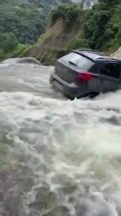 To make across water in a hatchback