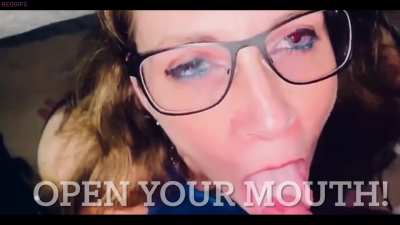 She rubs my cock all over her face and takes a load in her mouth