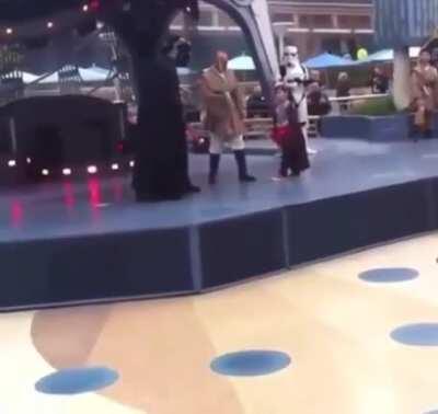 Child does not bend to the Jedis lies, and then bends a knee to Lord Vader.