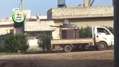 Syrian Opposition cannibalizes a BMP turret, slaps it on a flatbed, and paints it blue - 2014