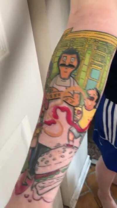 For those of you who wanted to be updated on my Bob’s Burgers half sleeve: I am 3 sessions in and I have 1 left!