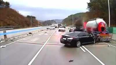 Man's life flashes before his eyes as cars skidding on black ice fly past him like bullets