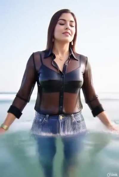 Girl in the wet soaked clothes while doing underwater diving into the sea and she comes out after completing her underwater research