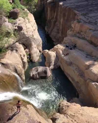 70 foot high jump with a 20 foot gap into a small pocket that's just deep enough.