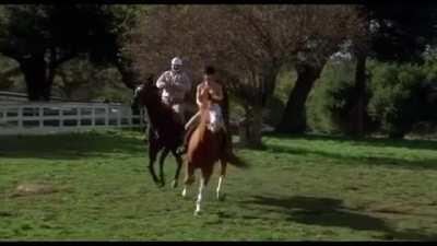 Betsy Russell bouncy topless horse riding in 'Private School'