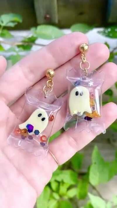Halloween on my mind already; I made candy-inspired earrings with glow in the dark ghosts!