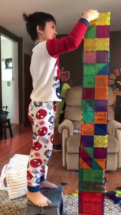 Our son has sleepovers at my parents’ every Saturday. My mom just sent me thus gem. 😂 He definitely has his momma’s grace! 🤣 (Tower Fail)
