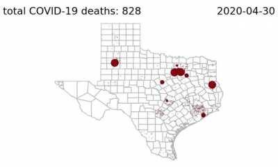 [OC] I made this animation showing every reported COVID-19 death in Texas from 3/13 to 7/30 [+sound]