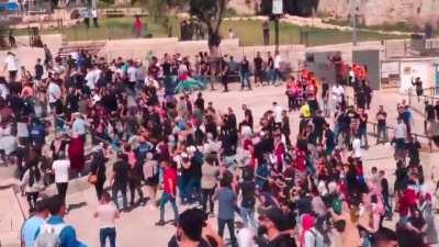 Happening right now at Damascus Gate in Jerusalem, peaceful protestors waving Palestinian flags and chanting for freedom were fired at with stun grenades and doused in noxious liquid.