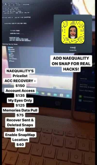 Real Snapchat, Instagram, Twitter ,Facebook & More Social Media Hacks Available! Add @naequality on Snapchat to order one today! Telegram Group Link In Comments Below 👇