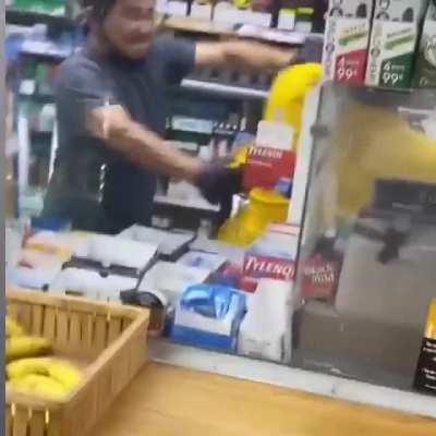 Going behind the counter to fight the convenience store clerk.