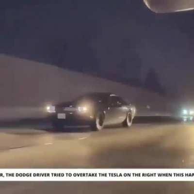 Dodge challenger coming in hot and tried to dodge the tesla but failed the challenge