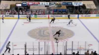 Alex Pietrangelo launches himself into Habs bench attempting to block clearing attempt