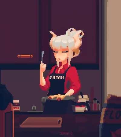 Lucifer enjoying pancakes