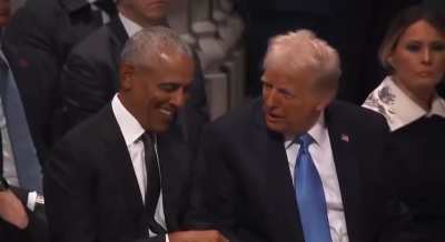 Obama chuckles as Trump whispers in his ear. The vibe shift is real