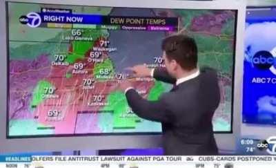 Weatherman discovering his monitor has a touch screen (coworker gets in on the action and excitement too)