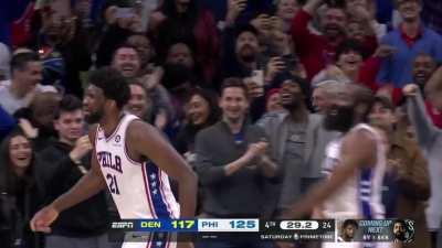 [Highlight] All-Star reserve Embiid works on Jokic for the stepback triple to give him 47 and then gives a shrug (Replays)