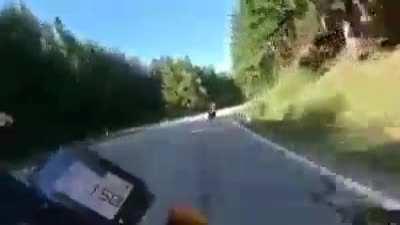 Going really fast on a bend you can’t see, what could go wrong?