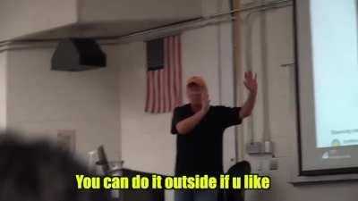 YouTuber trespasses into university of tampa starts vaping at the college lecture before a exam, the professor and the entire class get sick of his bullshit