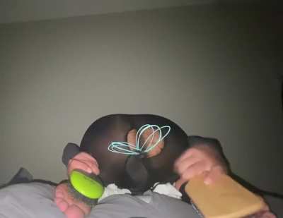 Tickled on my slutty feet in doggy with a vibrator in my leggings and a plug in my fat ass~