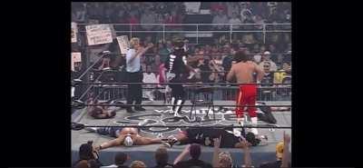 After his team loses at Souled Out ‘98, La Parka attacks everyone with a chair, dances, poses, and then struts away with the chair under his arm. La Parka rules.