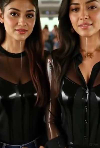 Girls are twins sisters in the fully wet soaked clothes due sweat while standing in the bus