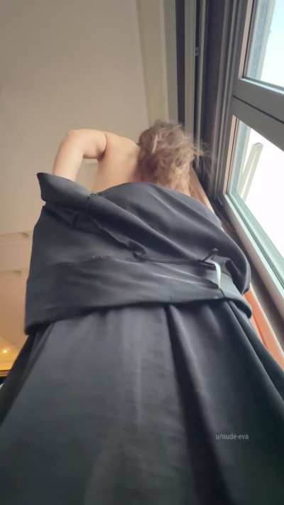 Seductive robe fall: front tease and back reveal