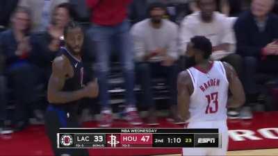 [Highlight] James Harden hits a 3 over Kawhi Leonard, giving him a friendly butt tap while the ball is still in the air.