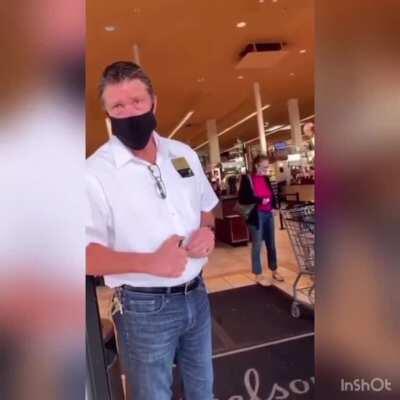 Karen gets upset because she's not allowed to shop without a mask, despite being given other safe options.